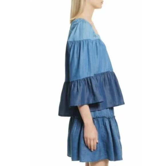 Kate Spade Square Neck Tiered Top Womens Smocked Blue Floral Embroidery Chambray - Picture 4 of 8
